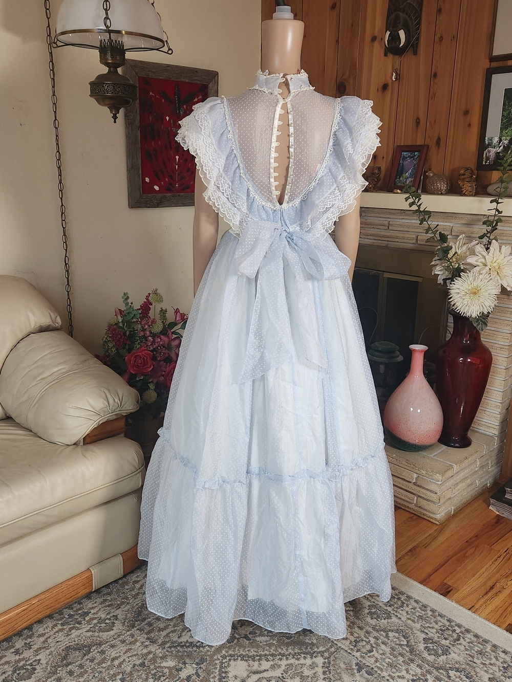 Vtg Gunne Sax Light Blue Dotted Swiss Prairie Maxi Dress | XS | Near Mint - Picture 3 of 12